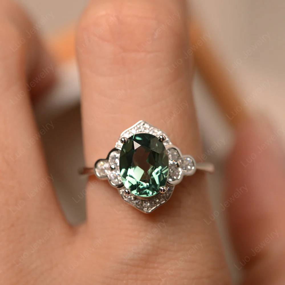 Oval Art Deco Green Sapphire Engagement Ring - Image 4