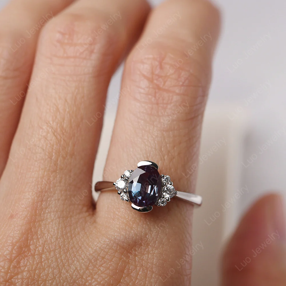 Oval Half Bezel Set Alexandrite Engagement Ring - Image 5