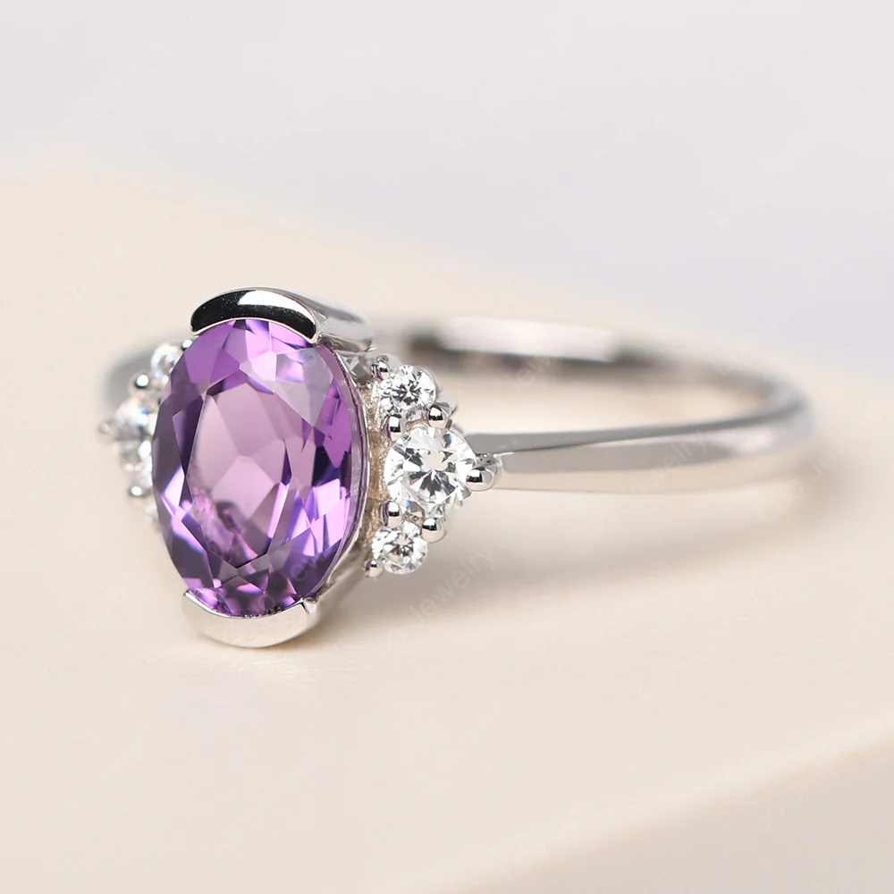 Oval Half Bezel Set Amethyst Engagement Ring - Image 2
