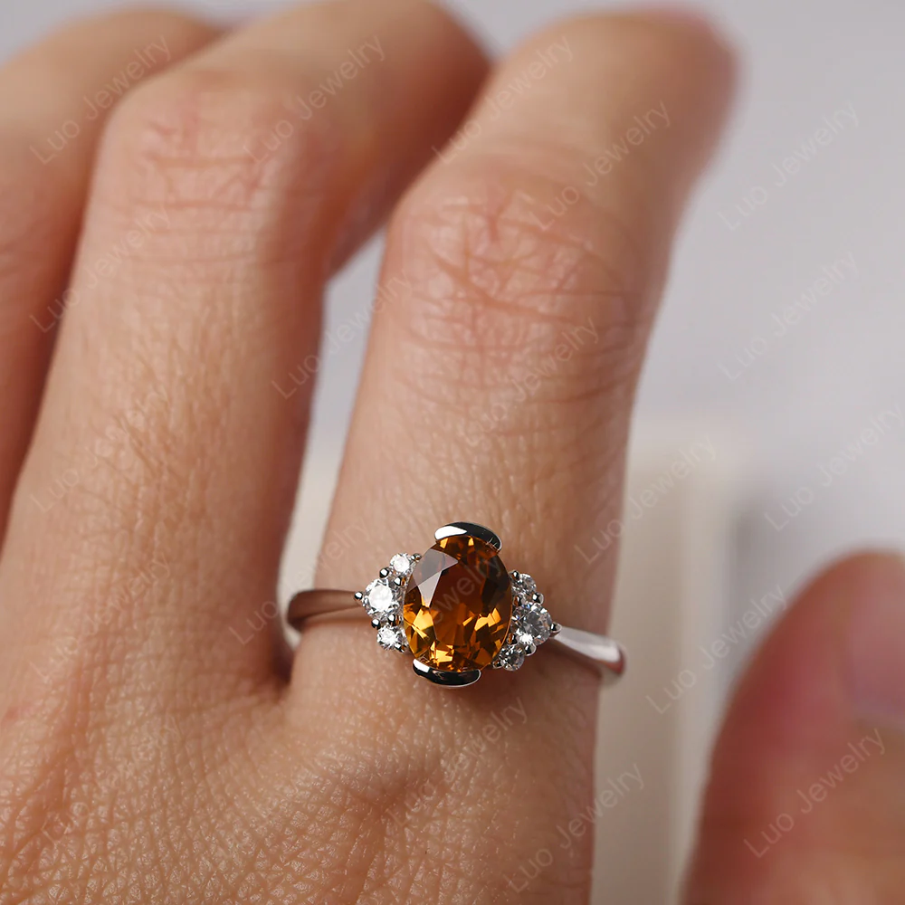 Oval Half Bezel Set Citrine Engagement Ring - Image 5