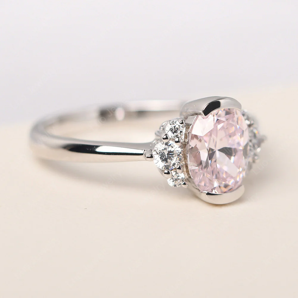 Oval Half Bezel Set Pink Cubic Zirconia Engagement Ring - Image 2