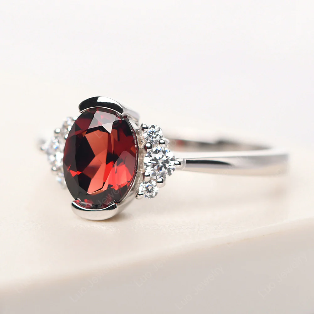 Oval Half Bezel Set Garnet Engagement Ring - Image 2