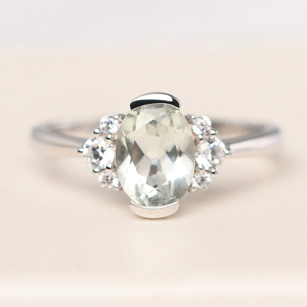 Oval Half Bezel Set Green Amethyst Engagement Ring