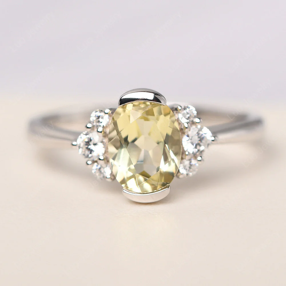 Oval Half Bezel Set Lemon Quartz Engagement Ring