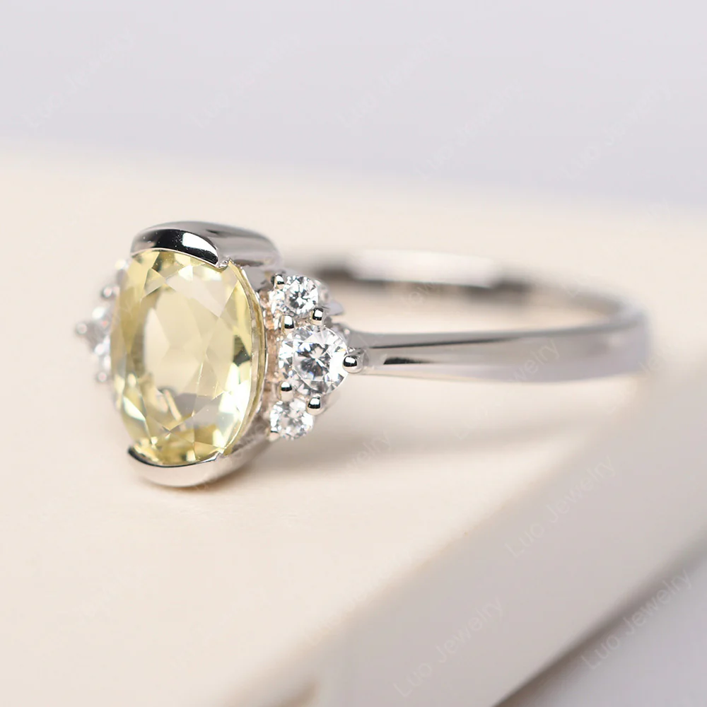 Oval Half Bezel Set Lemon Quartz Engagement Ring - Image 2
