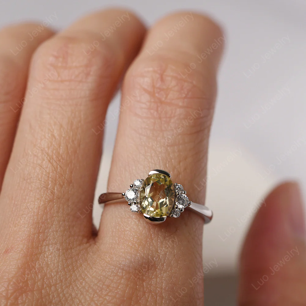 Oval Half Bezel Set Lemon Quartz Engagement Ring - Image 5