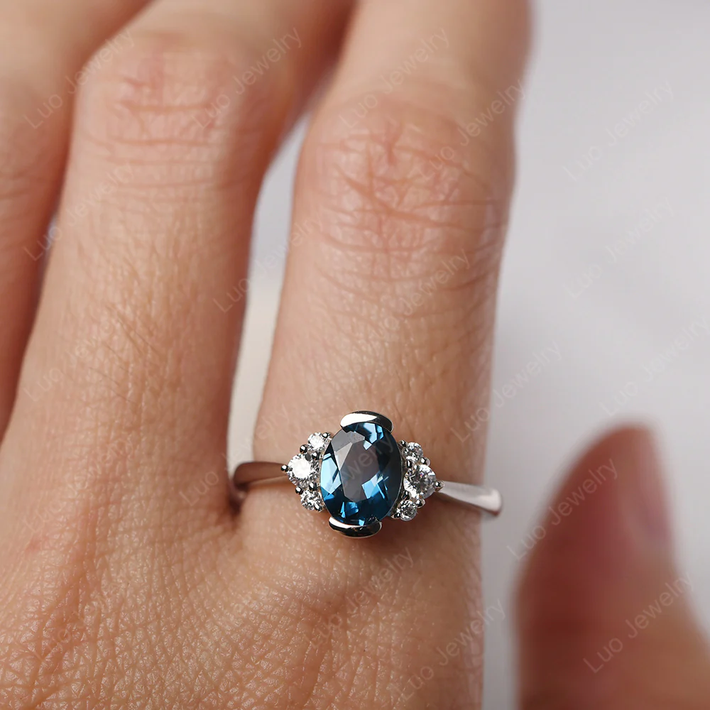 Oval Half Bezel Set London Blue Topaz Engagement Ring - Image 5