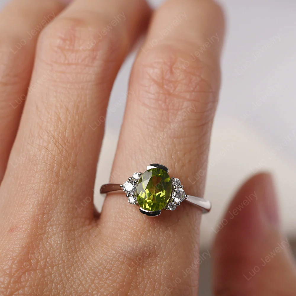 Oval Half Bezel Set Peridot Engagement Ring - Image 5