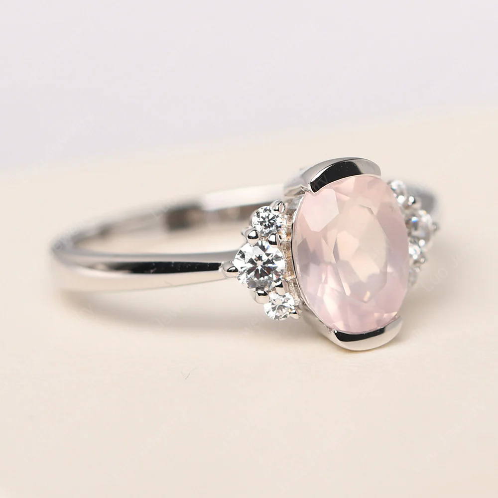 Oval Half Bezel Set Rose Quartz Engagement Ring - Image 2