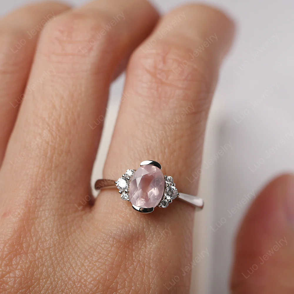 Oval Half Bezel Set Rose Quartz Engagement Ring - Image 5