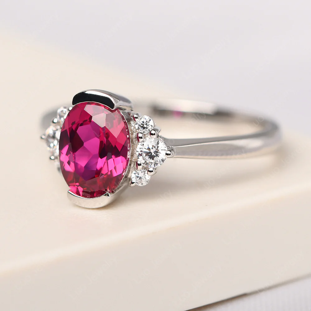 Oval Half Bezel Set Ruby Engagement Ring - Image 2