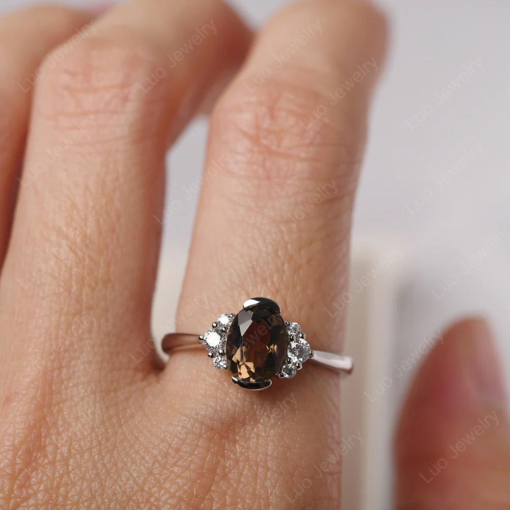 Oval Half Bezel Set Smoky Quartz Engagement Ring - Image 5