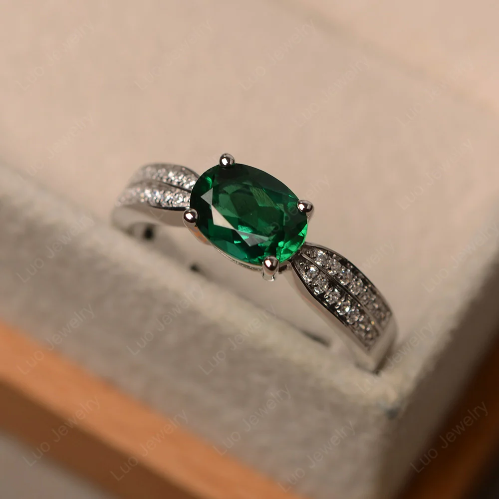 Oval Emerald Horizontal Two Rows Pave Ring - Image 2