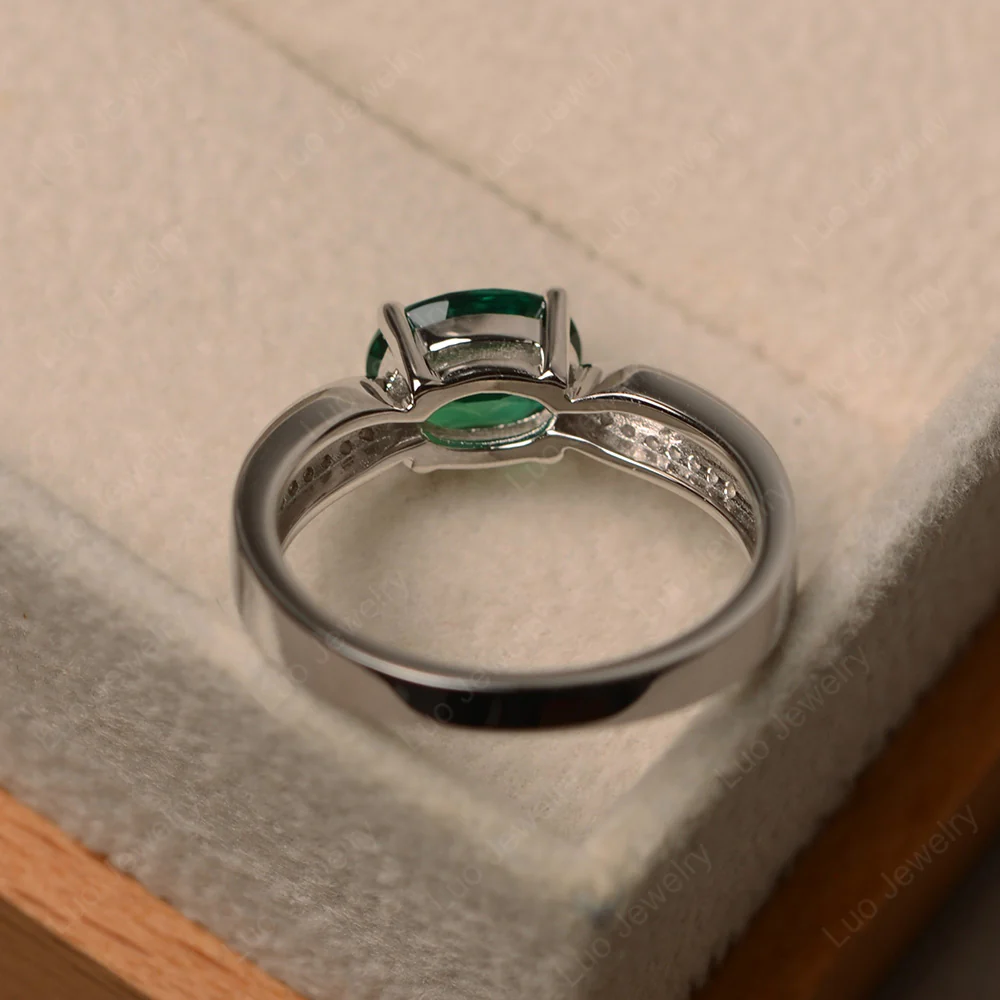 Oval Emerald Horizontal Two Rows Pave Ring - Image 3
