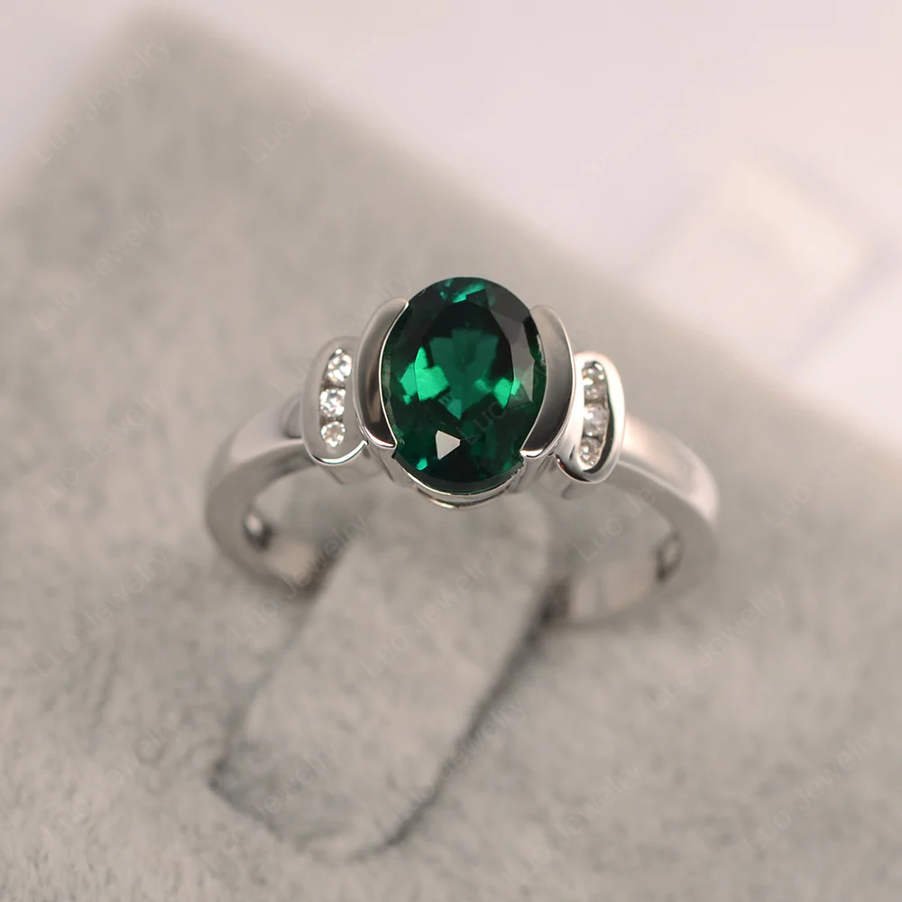 Oval Emerald Half Bezel Engagement Ring - Image 3