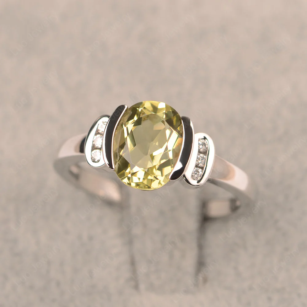 Oval Lemon Quartz Half Bezel Engagement Ring