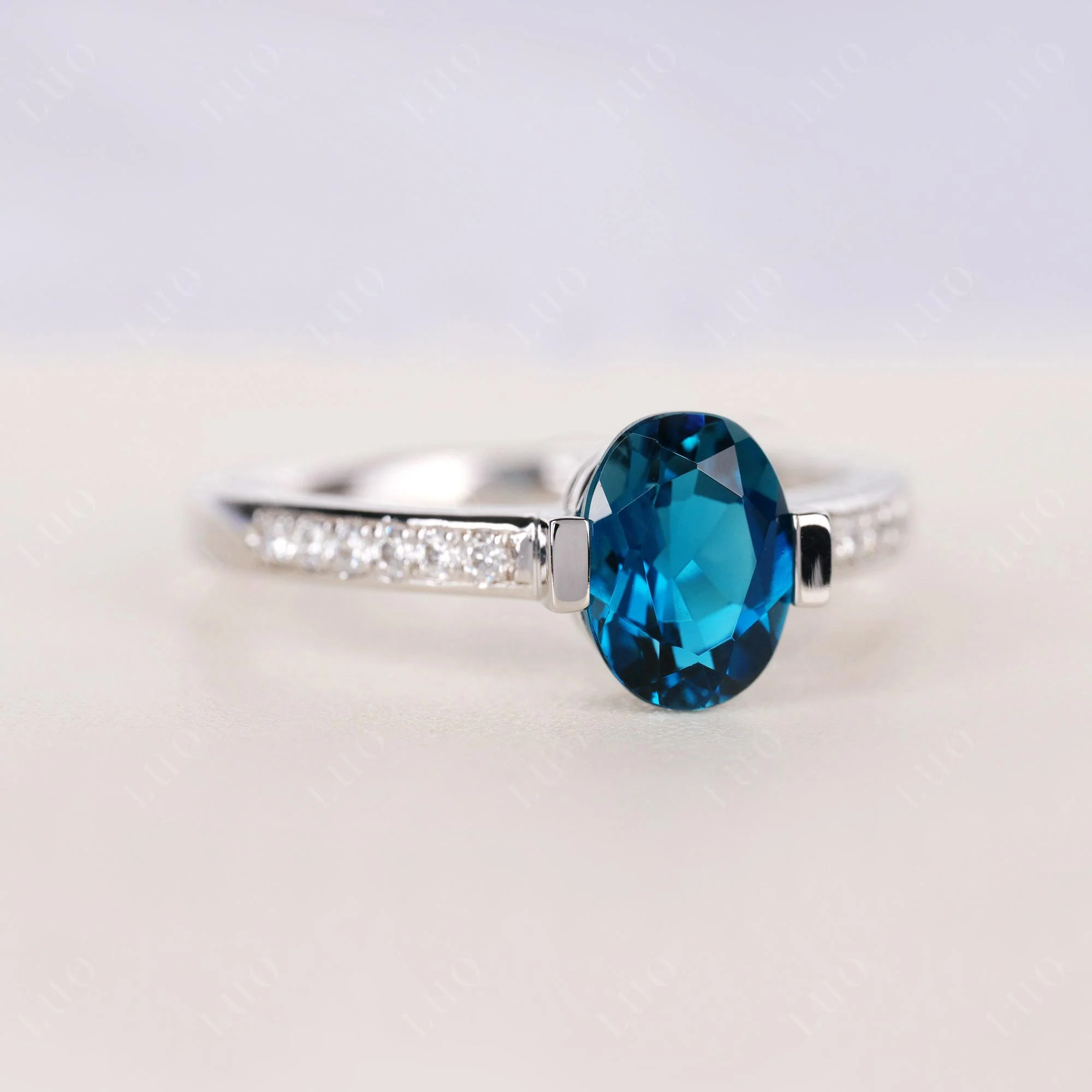 Oval London Blue Topaz Engagement Ring Half Bezel Set - Image 2