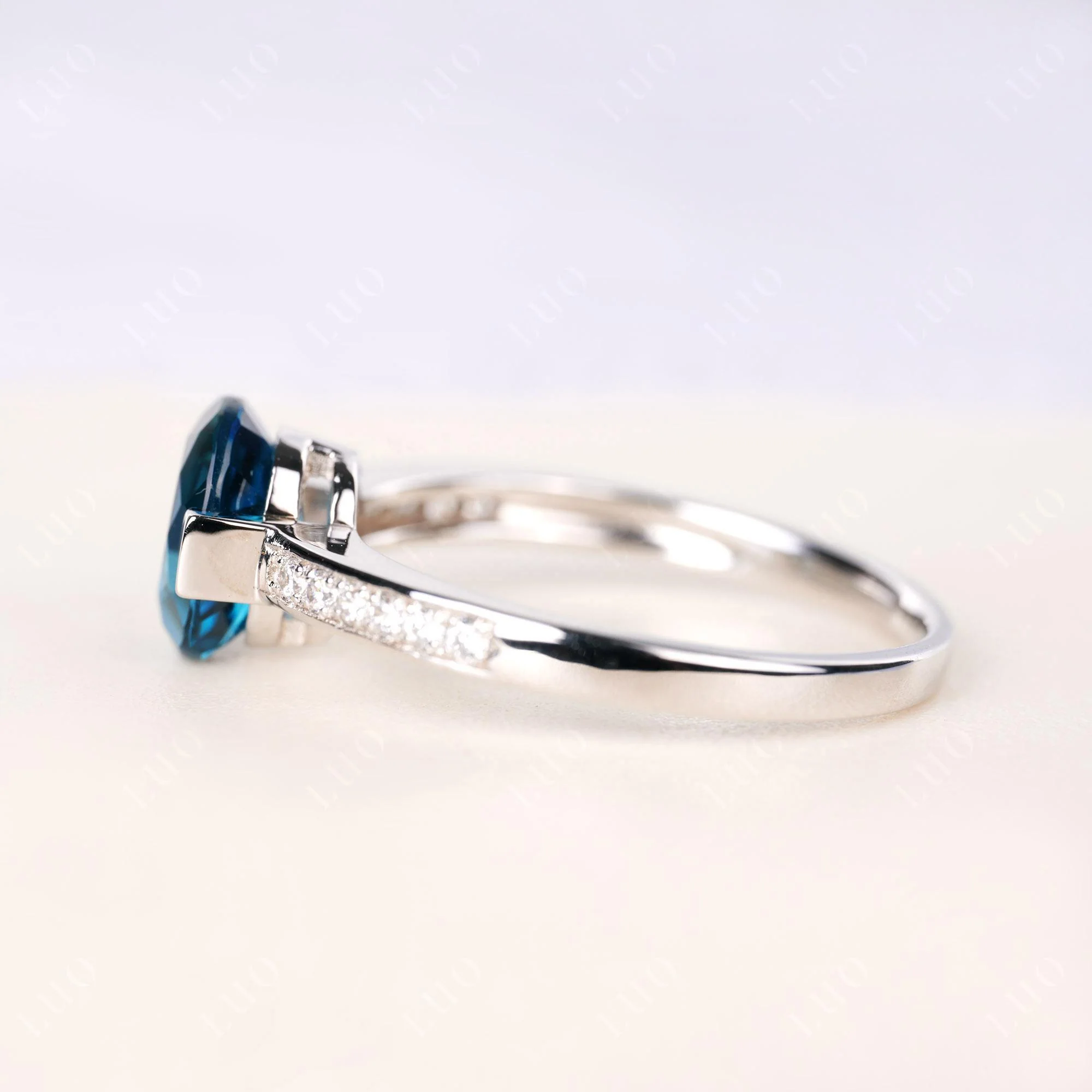 Oval London Blue Topaz Engagement Ring Half Bezel Set - Image 4