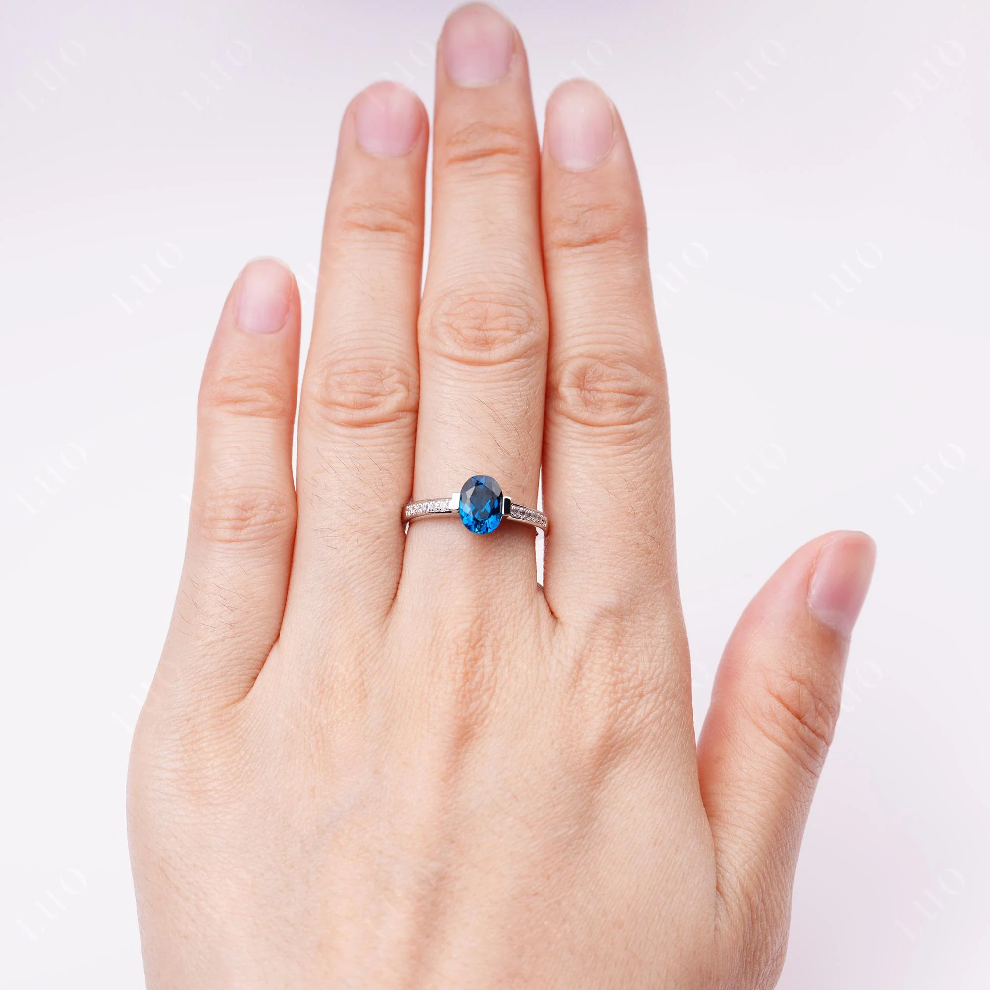Oval London Blue Topaz Engagement Ring Half Bezel Set - Image 5