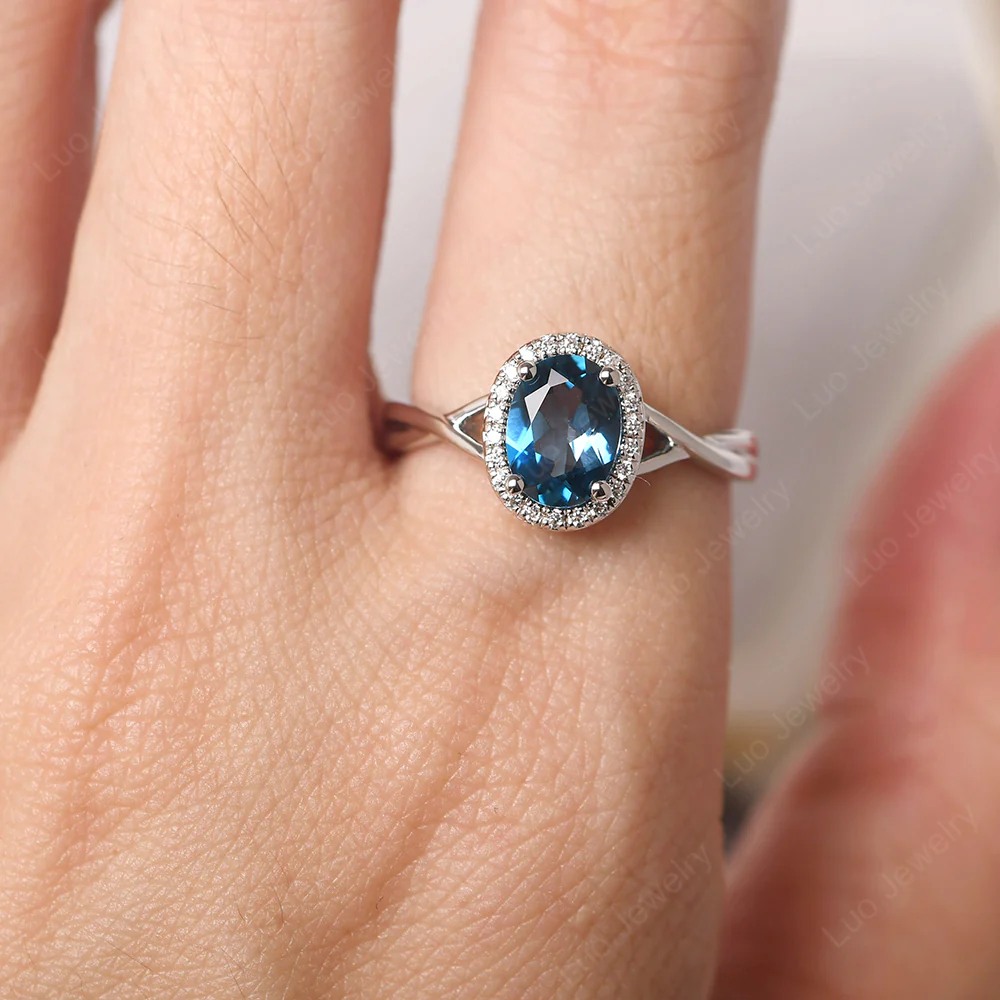 London Blue Topaz Oval Halo Engagement Ring - Image 5