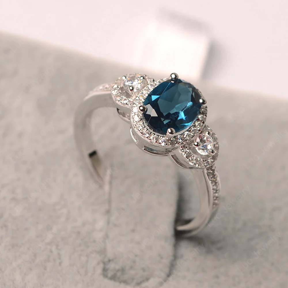 Oval London Blue Topaz Ring Halo Engagement Ring - Image 2