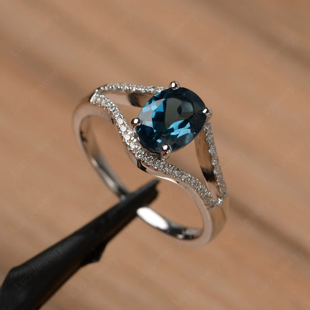 Oval London Blue Topaz Split Shank Pave Ring - Image 2