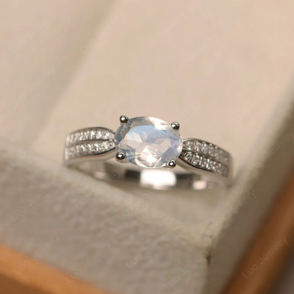 Oval Moonstone Horizontal Two Rows Pave Ring - Image 3