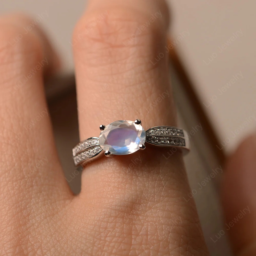 Oval Moonstone Horizontal Two Rows Pave Ring - Image 5