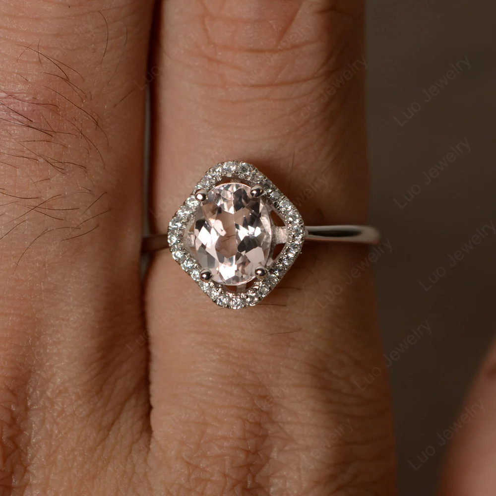 Oval Morganite Flower Halo Engagement Ring - Image 3