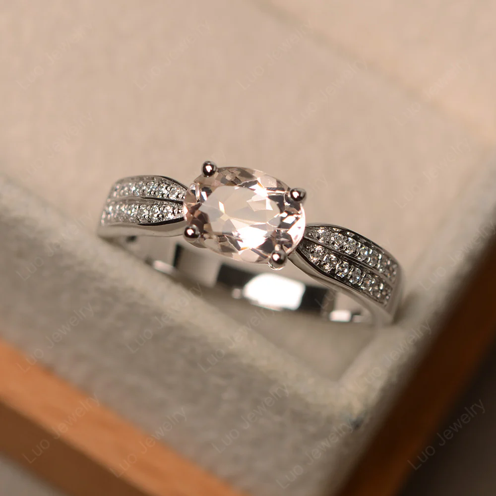 Oval Morganite Horizontal Two Rows Pave Ring