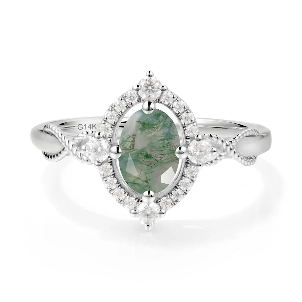 Oval Moss Agate Halo Twist Ring