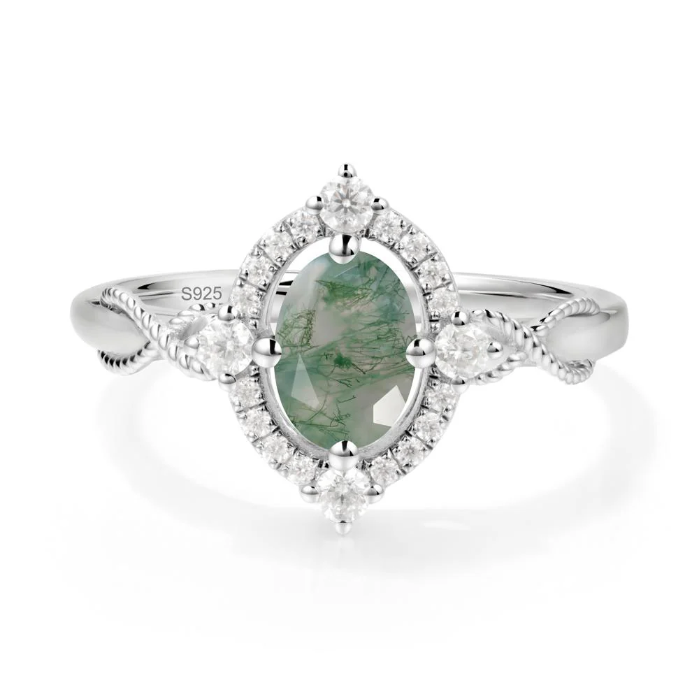 Oval Moss Agate Halo Twist Ring - Image 6