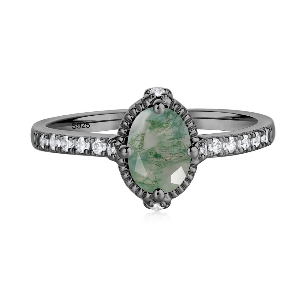 Oval Moss Agate Milgrain Halo Ring