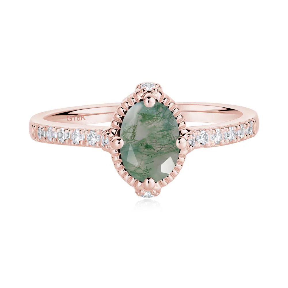 Oval Moss Agate Milgrain Halo Ring - Image 8