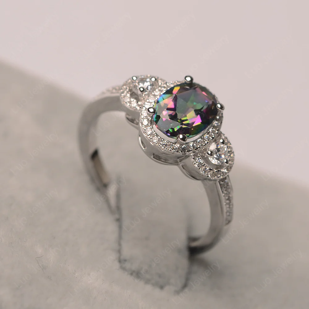 Oval Mystic Topaz Ring Halo Engagement Ring - Image 2