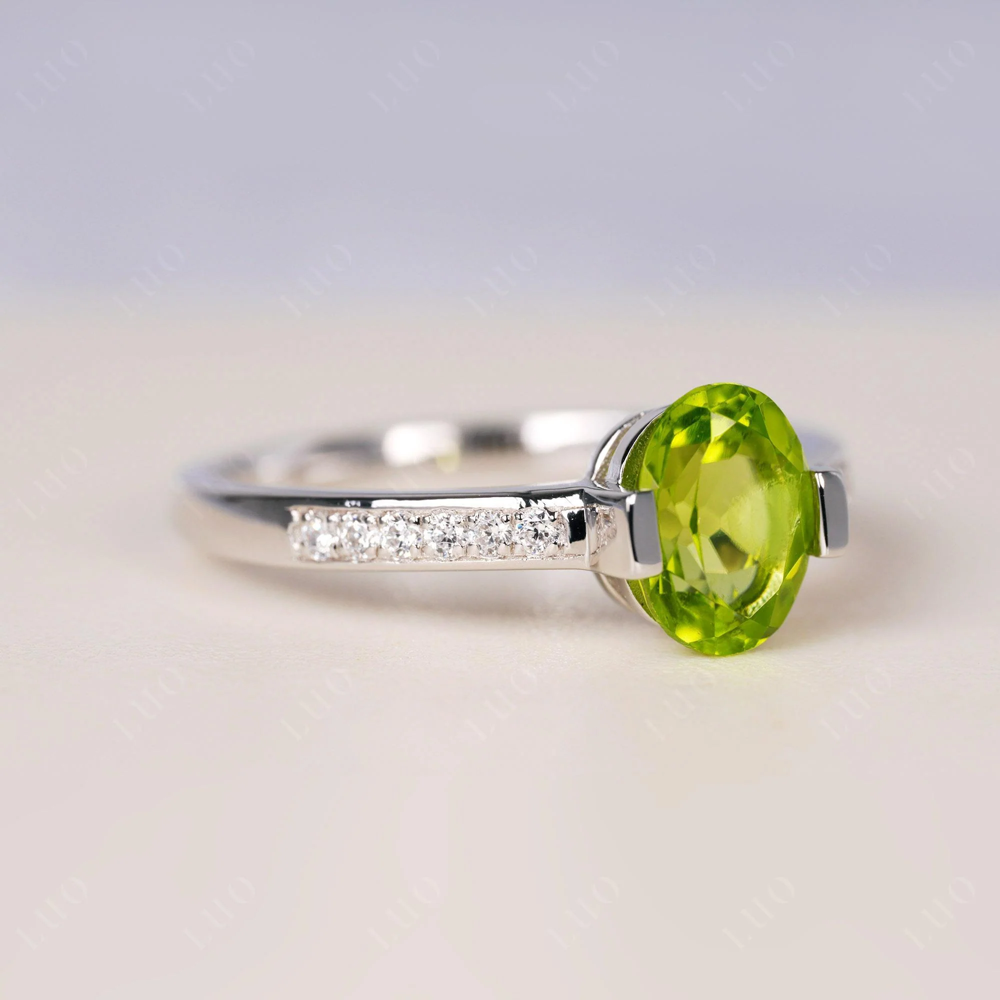 Oval Peridot Engagement Ring Half Bezel Set - Image 2