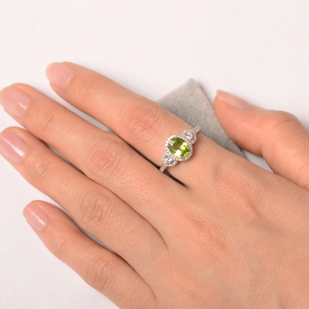Oval Peridot Ring Halo Engagement Ring - Image 3