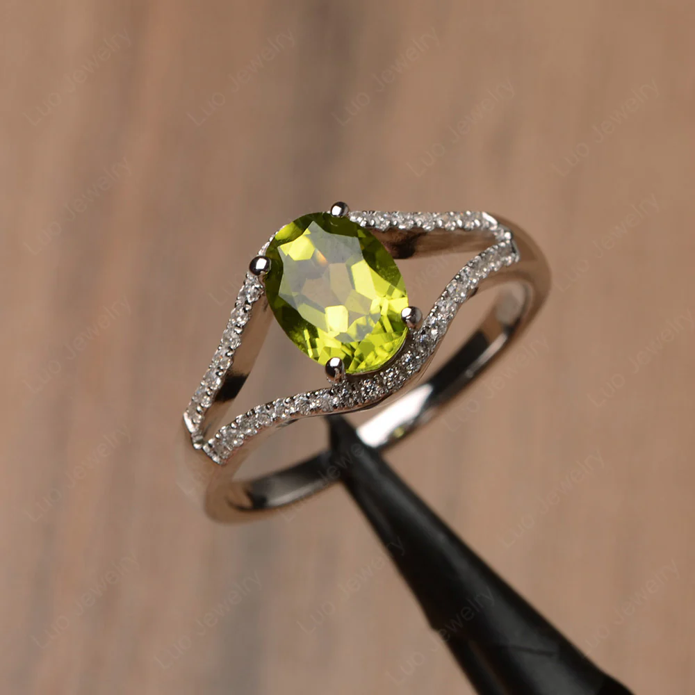 Oval Peridot Split Shank Pave Ring - Image 2