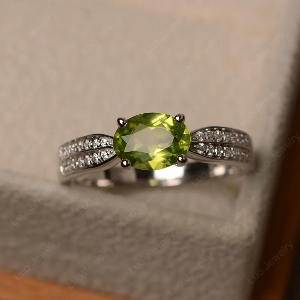 Oval Peridot Horizontal Two Rows Pave Ring