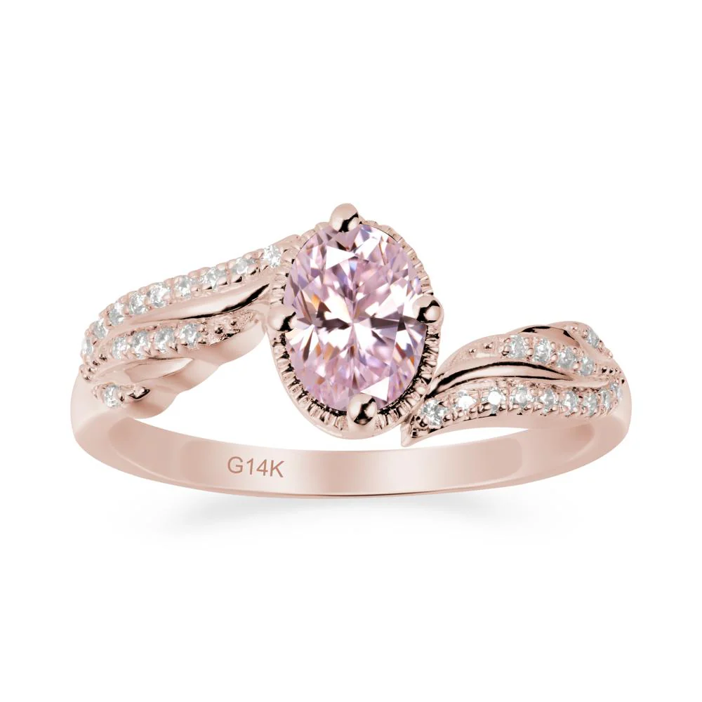 Oval Pink Cubic Zirconia Ring with Milgrain Halo - Image 2
