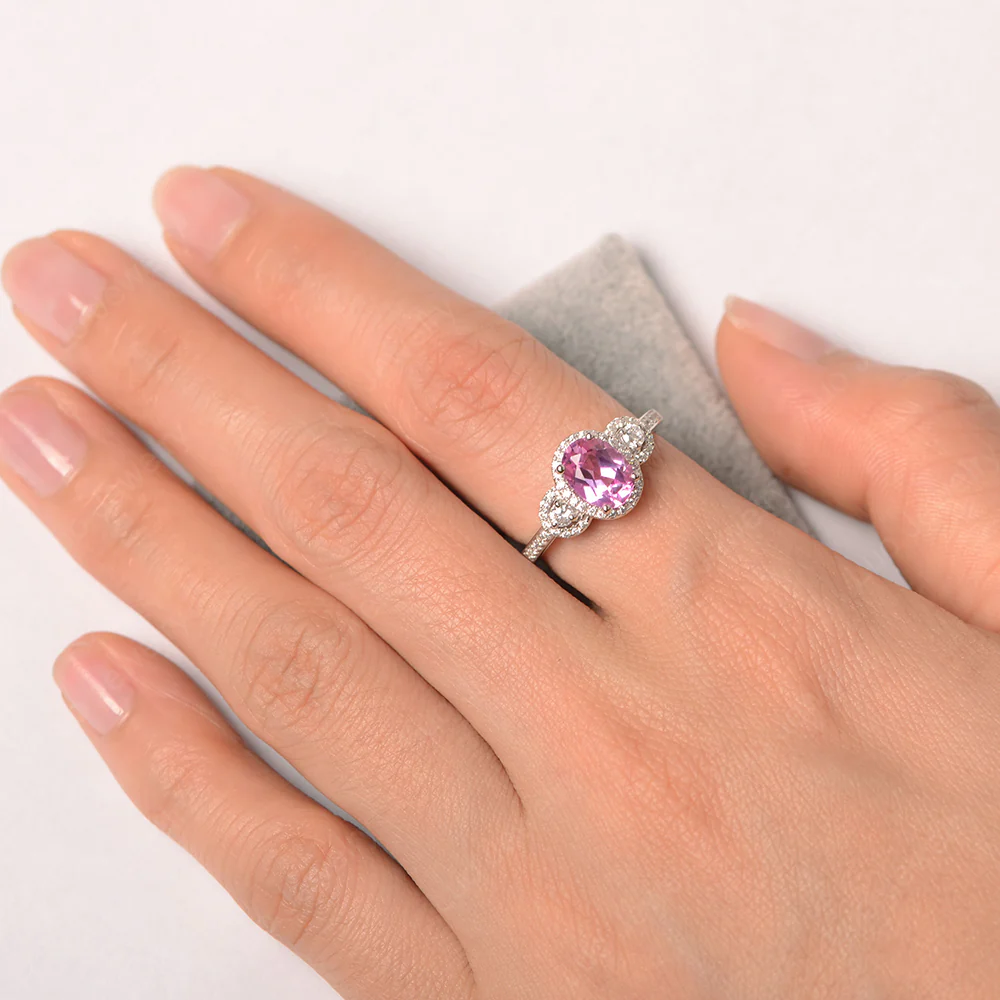 Oval Pink Sapphire Ring Halo Engagement Ring - Image 3