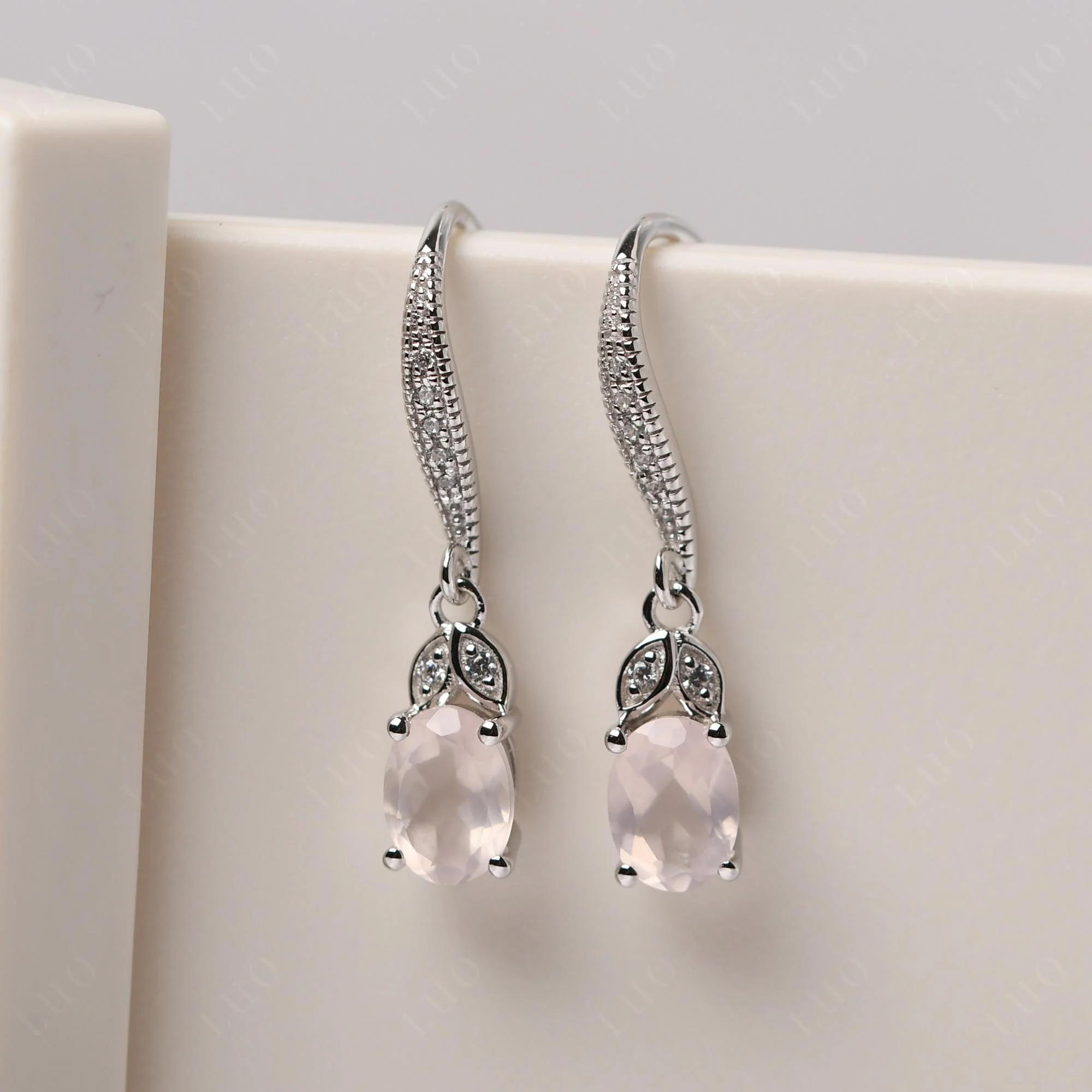 Oval Rose Quartz Dangling Earrings - Image 10