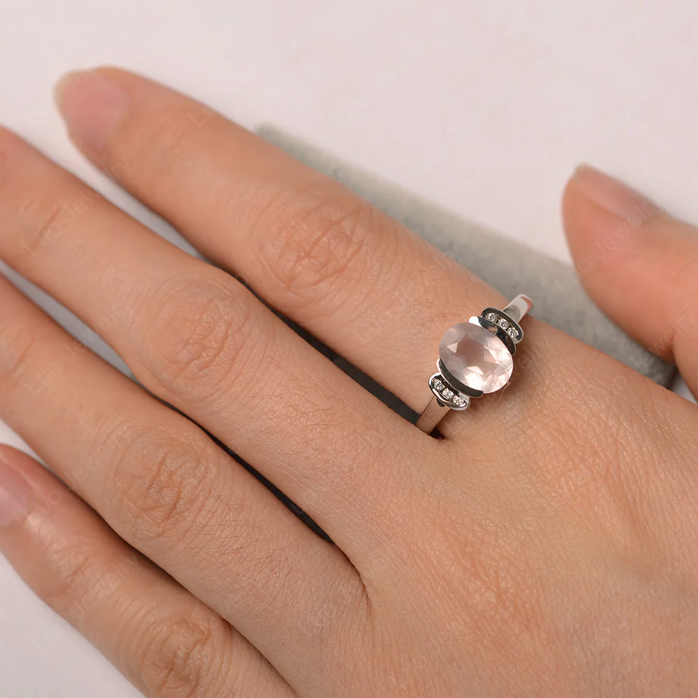 Oval Rose Quartz Half Bezel Engagement Ring - Image 5
