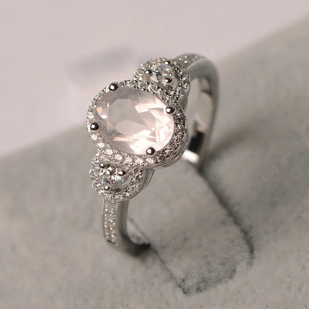 Oval Rose Quartz Ring Halo Engagement Ring