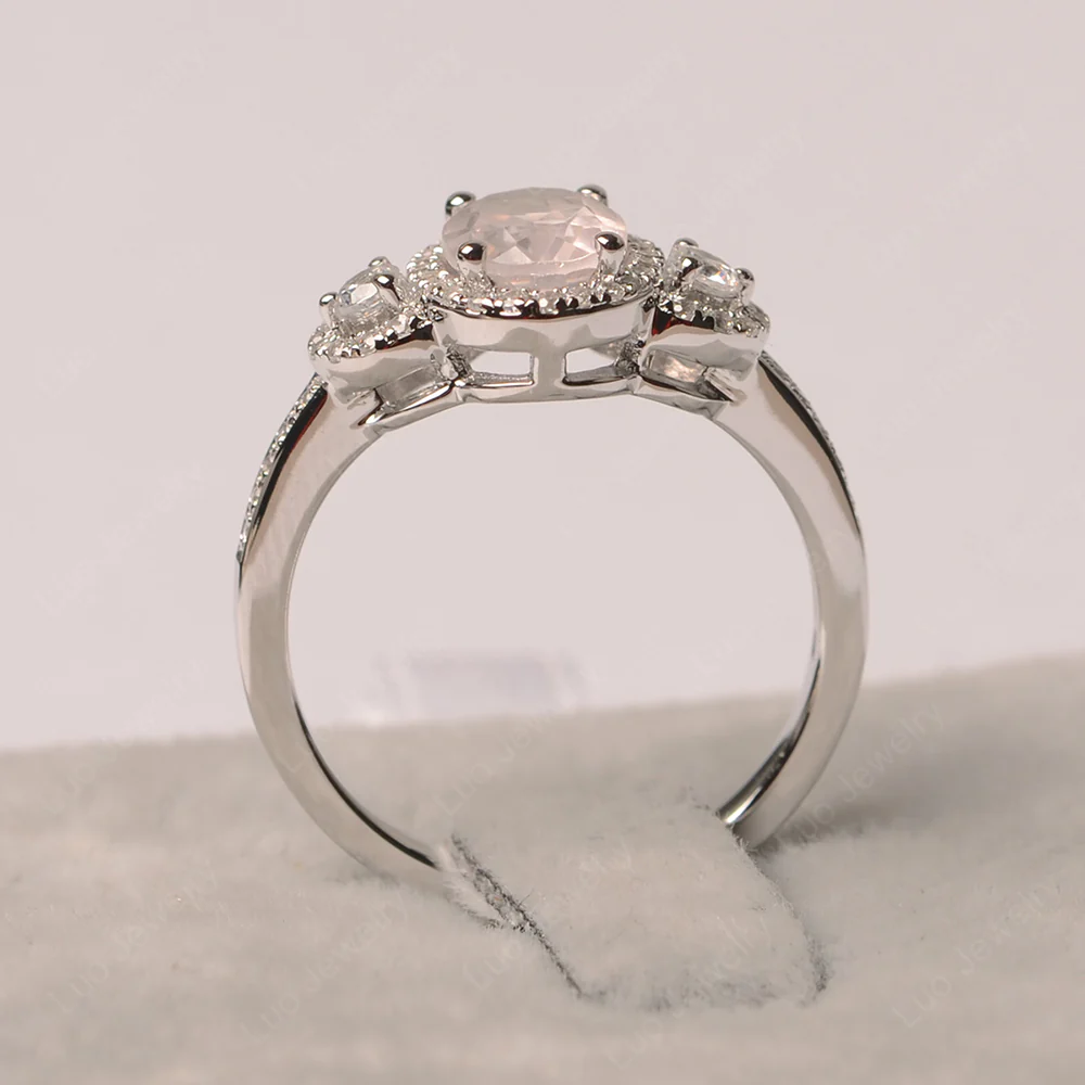 Oval Rose Quartz Ring Halo Engagement Ring - Image 2