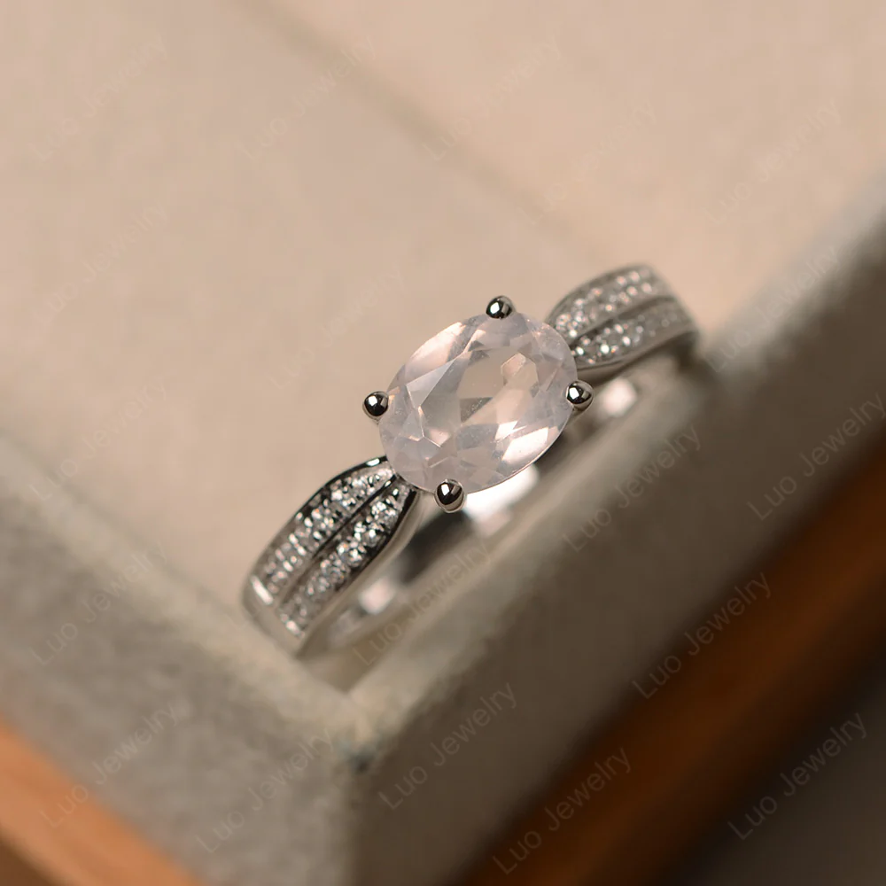 Oval Rose Quartz Horizontal Two Rows Pave Ring - Image 2