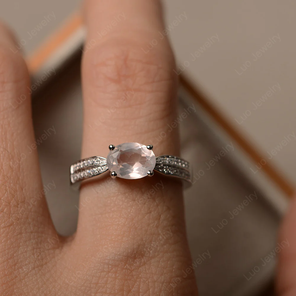 Oval Rose Quartz Horizontal Two Rows Pave Ring - Image 4
