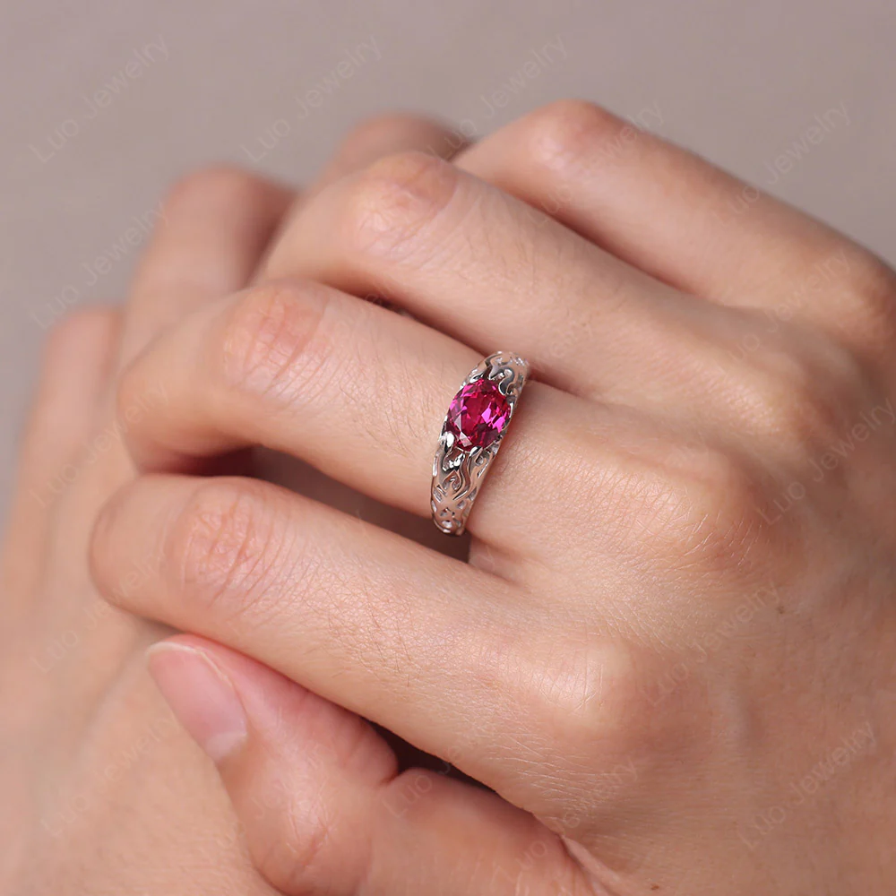 Oval Ruby East West Hollow Out Ring - Image 5