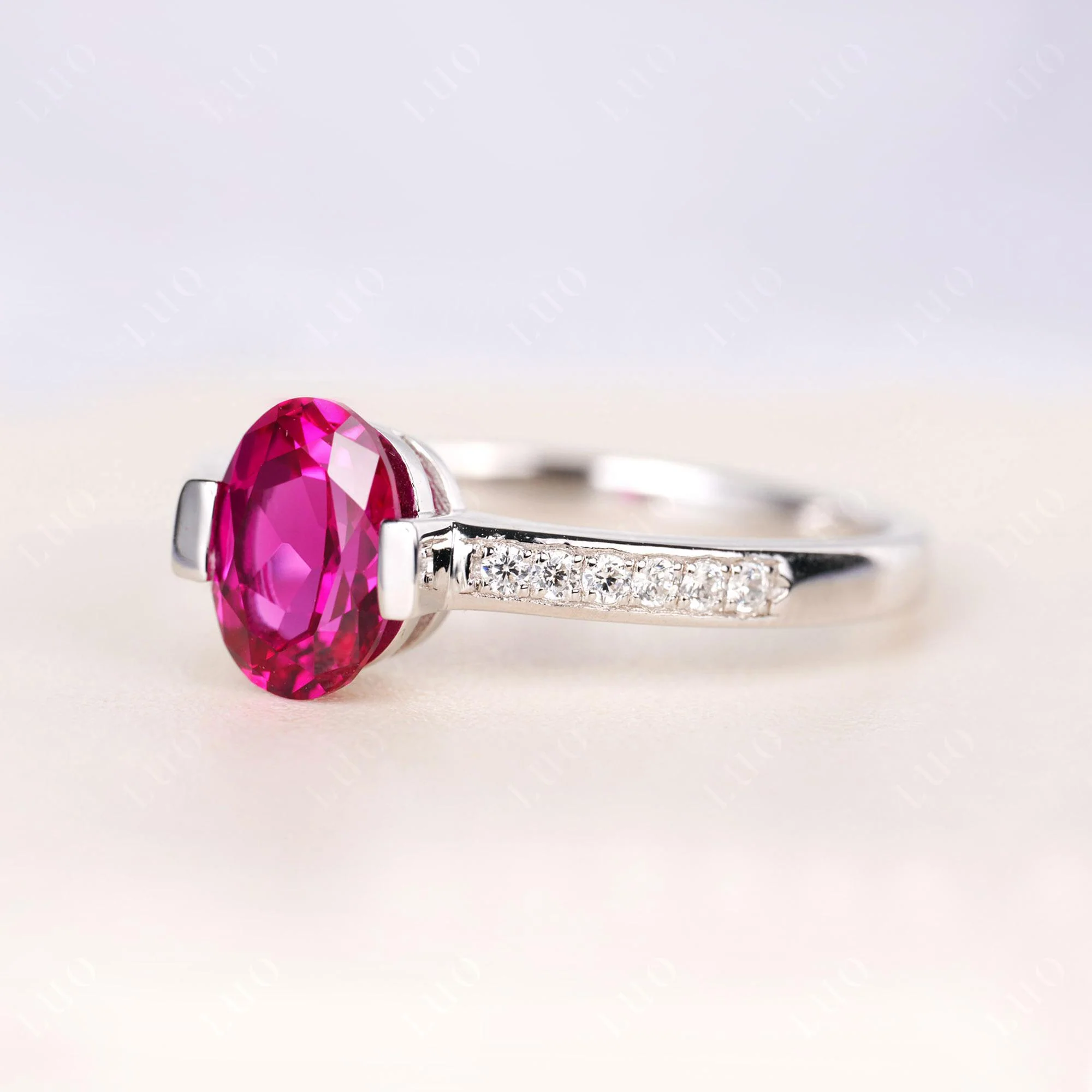 Oval Ruby Engagement Ring Half Bezel Set - Image 2