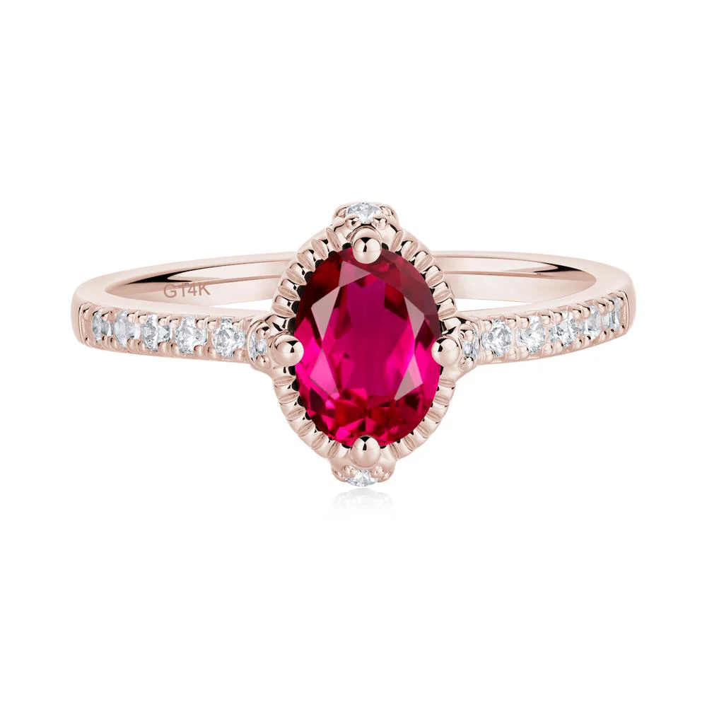 Oval Ruby Milgrain Halo Ring